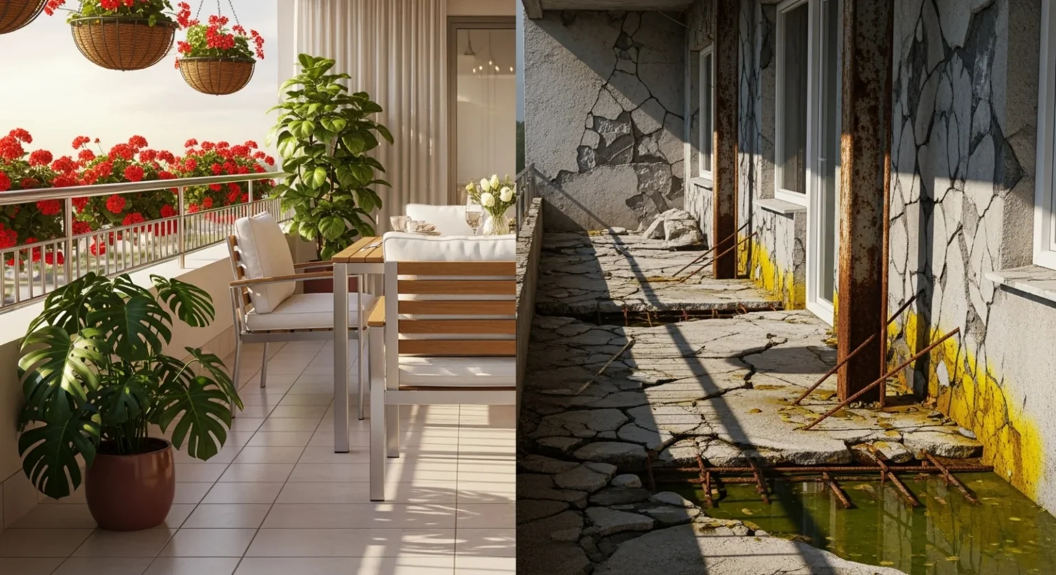 Side-by-side comparison of a clean, modern balcony and a damaged exterior walkway with cracks, water damage, and structural deterioration.