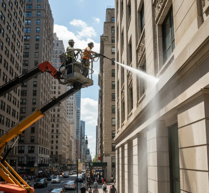 Workers cleaning a high-rise building facade using a pressure washer from an aerial lift in a city street