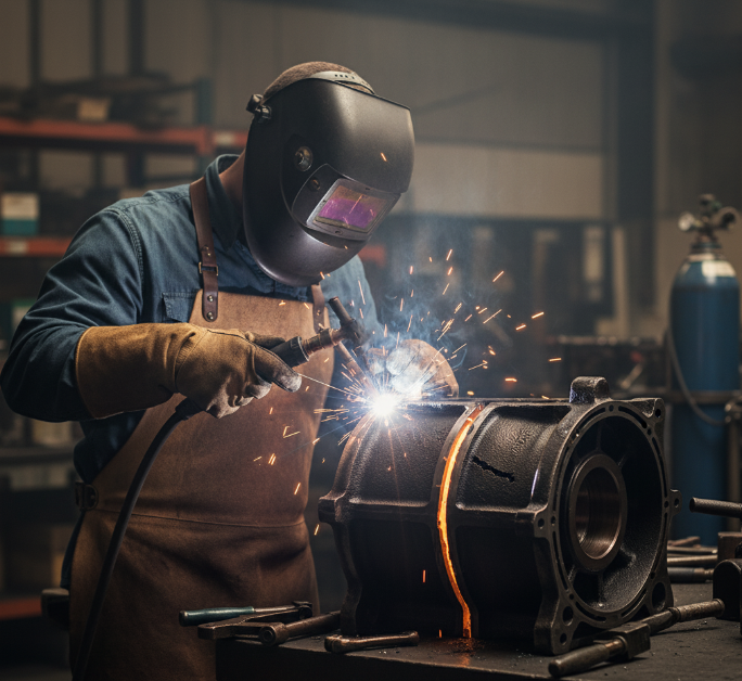Industrial welder wearing protective gear welding a metal component in a workshop