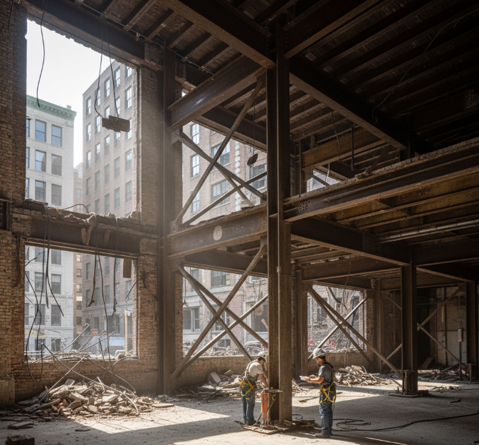 Construction workers performing interior structural demolition inside an old industrial building
