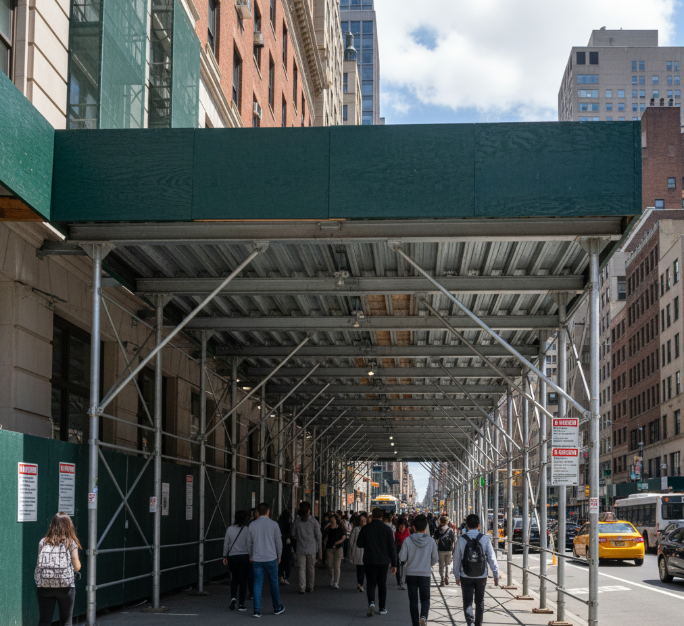 Pedestrians walking under protective sidewalk scaffolding next to a high-rise building in a busy city street