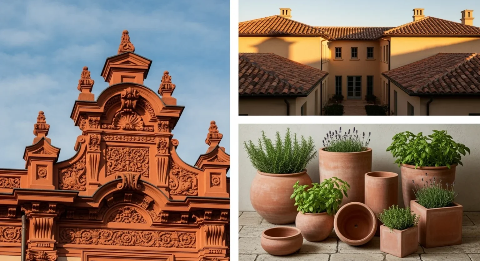 Collage featuring ornate terracotta architecture, clay roof tiles on Mediterranean-style buildings, and terracotta planters with green herbs.
