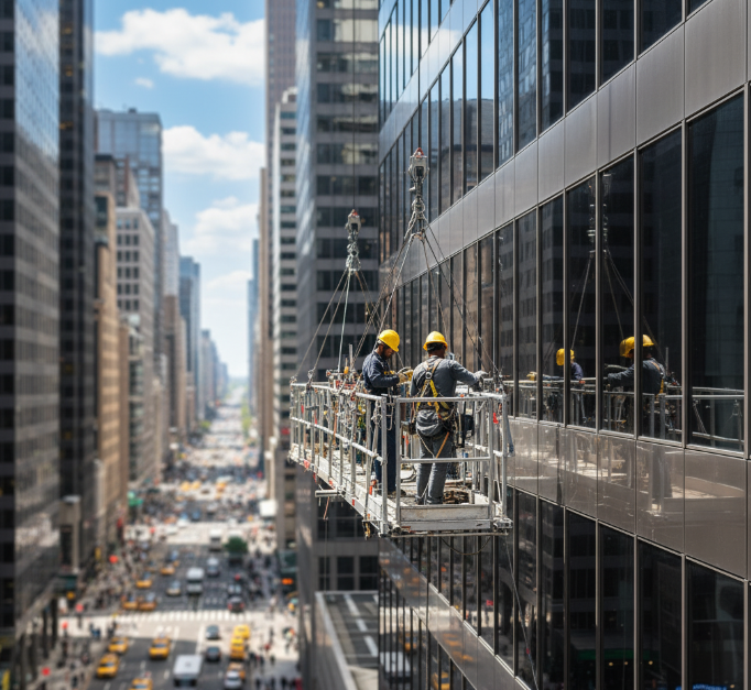 Workers cleaning windows on a suspended platform on a high-rise glass building above a busy city street