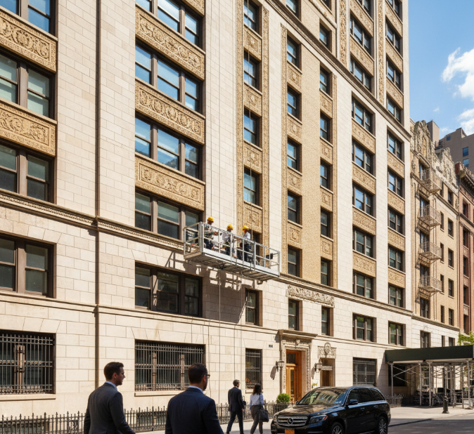 Maintenance workers on a suspended platform performing facade work on a multi-story building