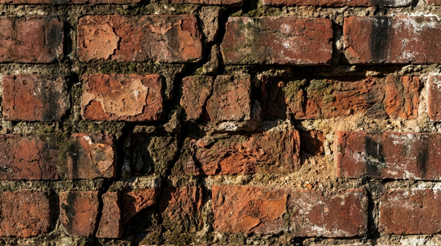 A close-up shot of a weathered red brick wall showing a significant vertical crack and crumbling mortar.