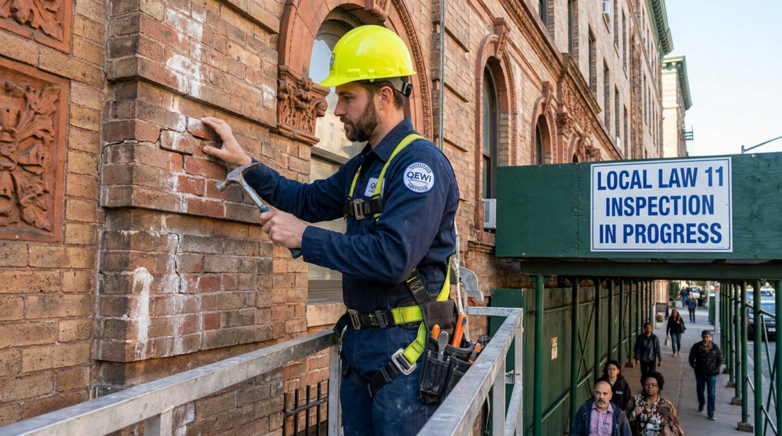 An inspector wearing a yellow hard hat and safety harness uses a hammer to examine a brick facade next to a sign reading "Local Law 11 Inspection In Progress."