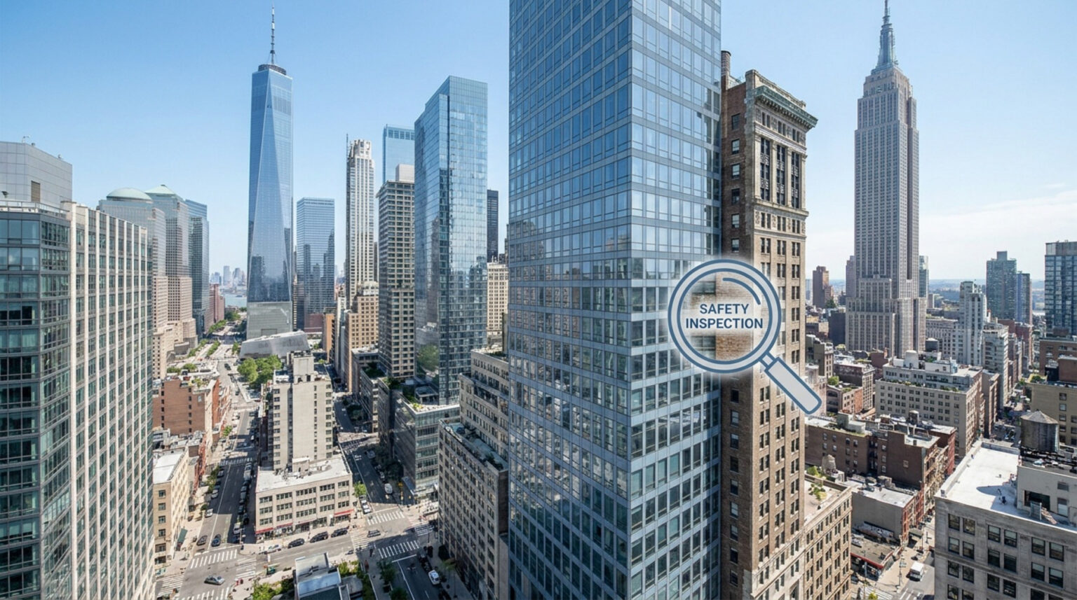 An aerial view of New York City skyscrapers, featuring One World Trade Center and the Empire State Building, with a magnifying glass icon labeled "SAFETY INSPECTION" focused on a building facade.