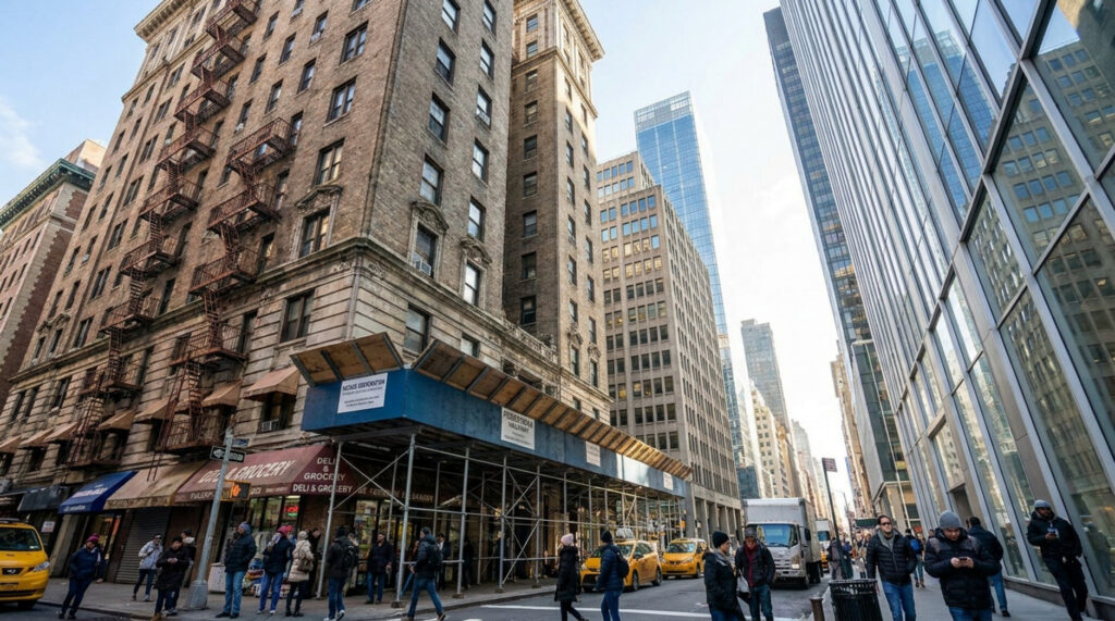 A busy New York City street view featuring historic brick buildings with fire escapes, a blue construction scaffold over the sidewalk, and modern glass skyscrapers.