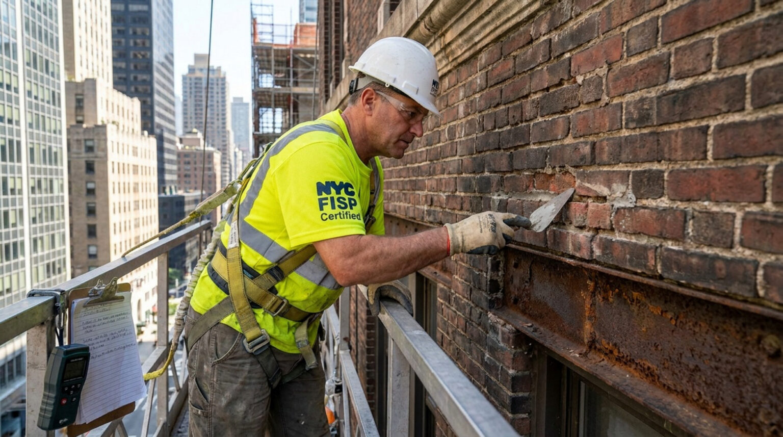 A certified professional in a high-visibility NYC FISP shirt and safety harness performing masonry repair on a brick facade from a suspended platform.